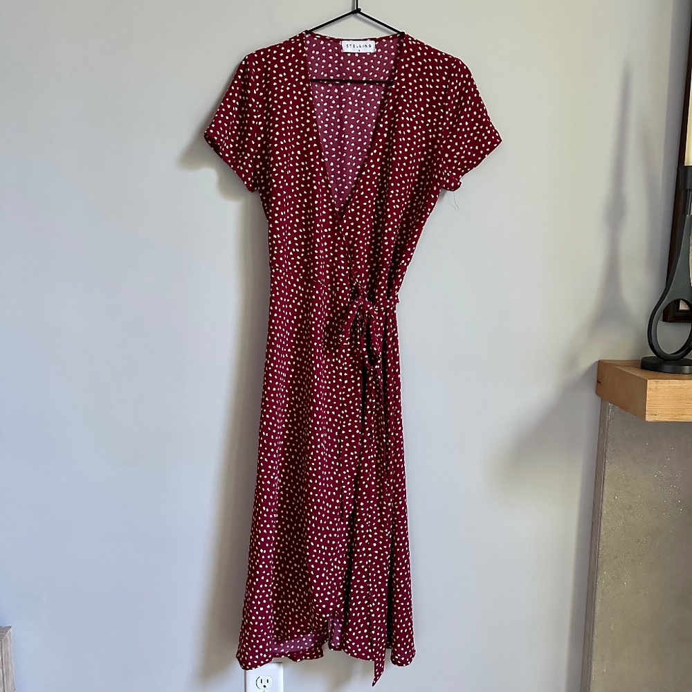 Stellino Red Polka Dot Genuine Wrap Midi Dress